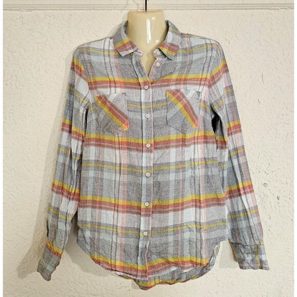 Merona Women's Size XS Blue Orange Yellow Plaid Flannel Shirts Pockets New - Picture 1 of 12